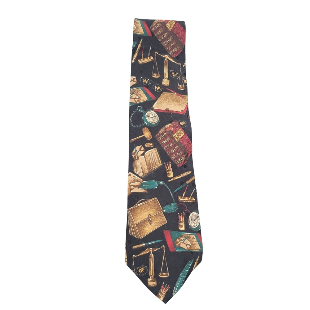 Woodward 3.75" Silk Tie Black Legal Law Scales of Justice Novelty Made in USA